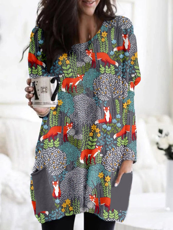 Fox in the Forest Graphic Comfy Patch Pocket Tunic artswardrobe