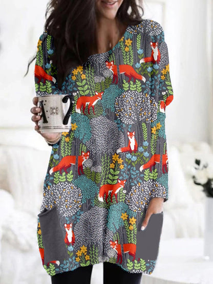 Fox in the Forest Graphic Comfy Patch Pocket Tunic artswardrobe