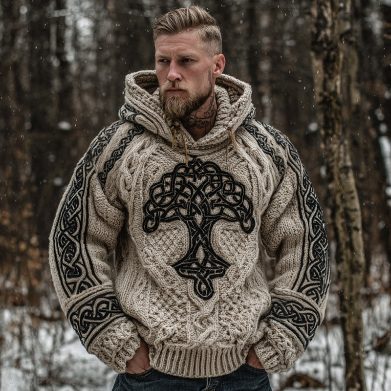 Men's Viking Tree Of Life Art Celtic Knot Jacquard Knitted Hooded Sweater elevenforest