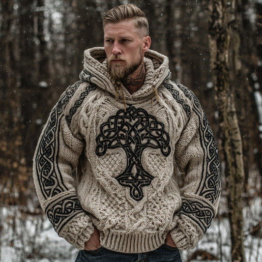 Men's Viking Tree Of Life Art Celtic Knot Jacquard Knitted Hooded Sweater elevenforest