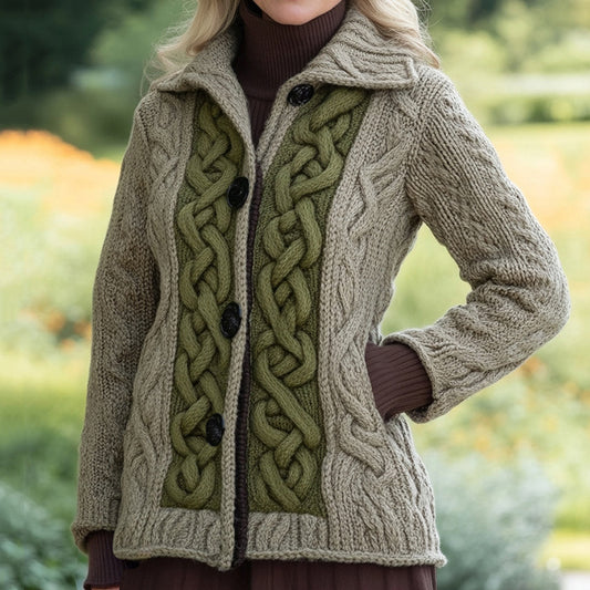 Women's Celtic Knot Pattern Lapel Button Sweater elevenforest