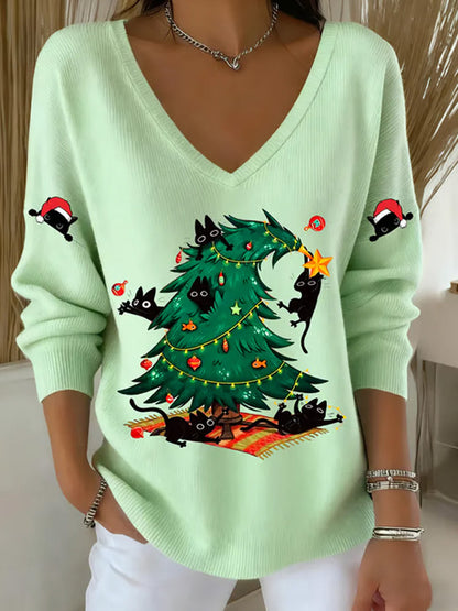 Women's Christmas Funny Cat Printed Tops artswardrobe