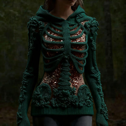 Halloween Skull Floral Knitted Warm Hooded Sweater artswardrobe