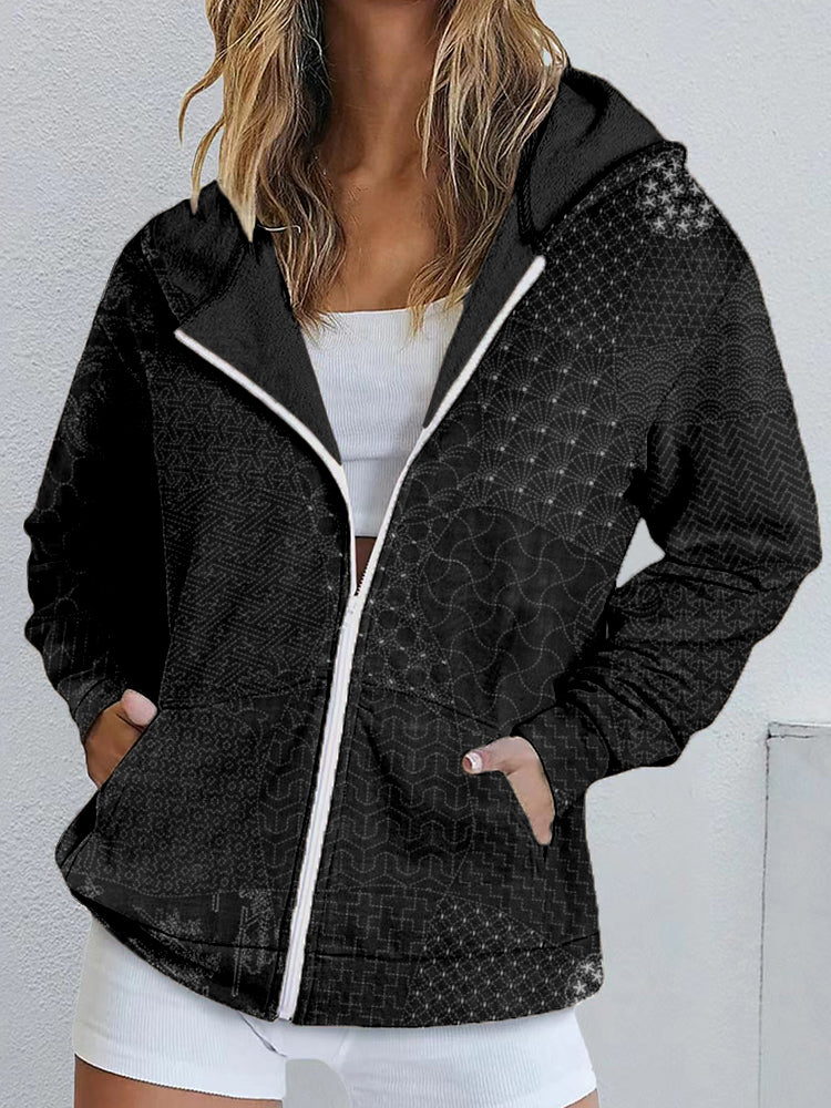 Comstylish Japanese Traditional Sashiko Art Zip Up Hoodie