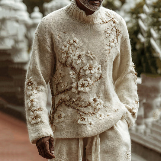 Men's Classic White Almond Blossom Art Jacquard Thick Warm Turtleneck Sweater elevenforest