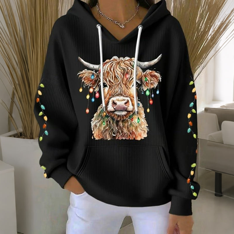 Women's Christmas Highland Cow Print Casual Hoodie artswardrobe