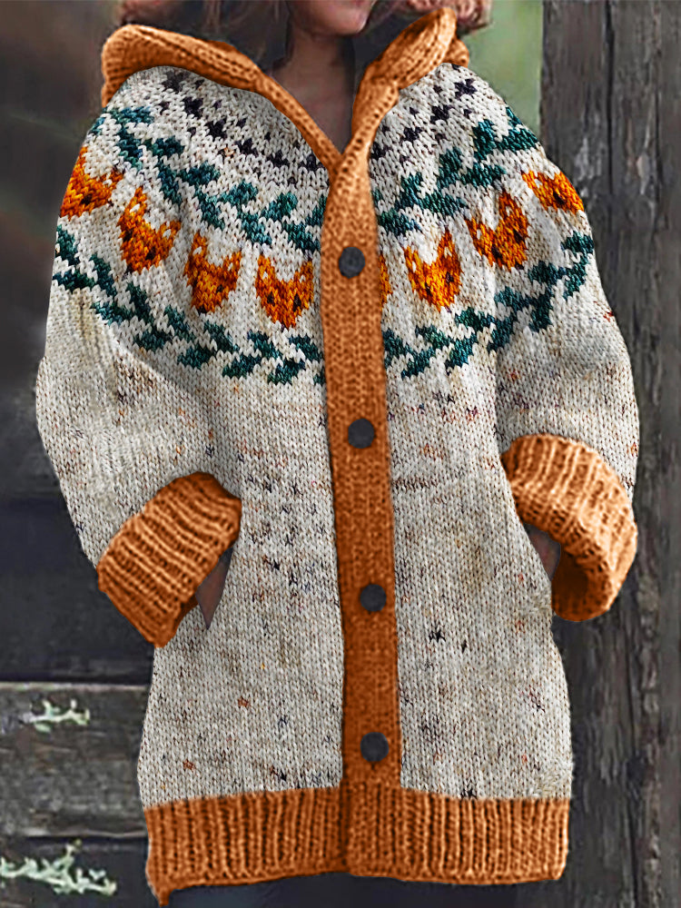 Vintage Fall Fox & Leaves Cozy Knit Hooded Isle Cardigan artswardrobe