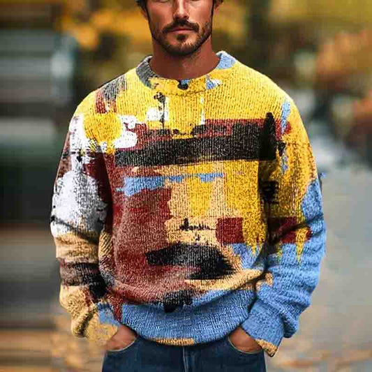 Men's Colorful Abstract Stripe Art Print Knit Crew Neck Sweater elevenforest