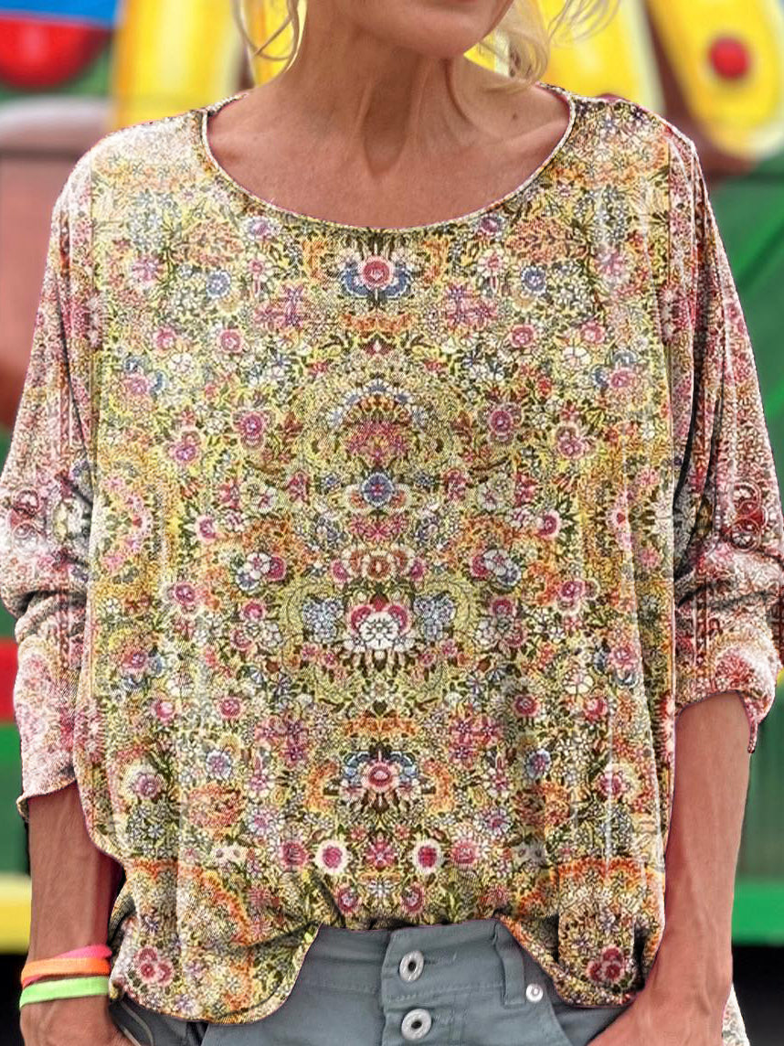 Women's Vintage Ethnic Floral Art Print Casual Long Sleeve T-shirt