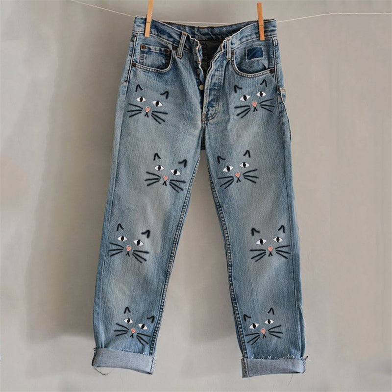 Comstylish Lovely Cat Faces Embroidery Pattern Washed Jeans