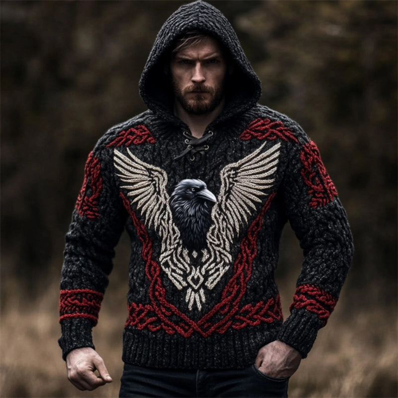 Men's Viking Raven Inspired Celtic Chunky Hooded Sweater artswardrobe