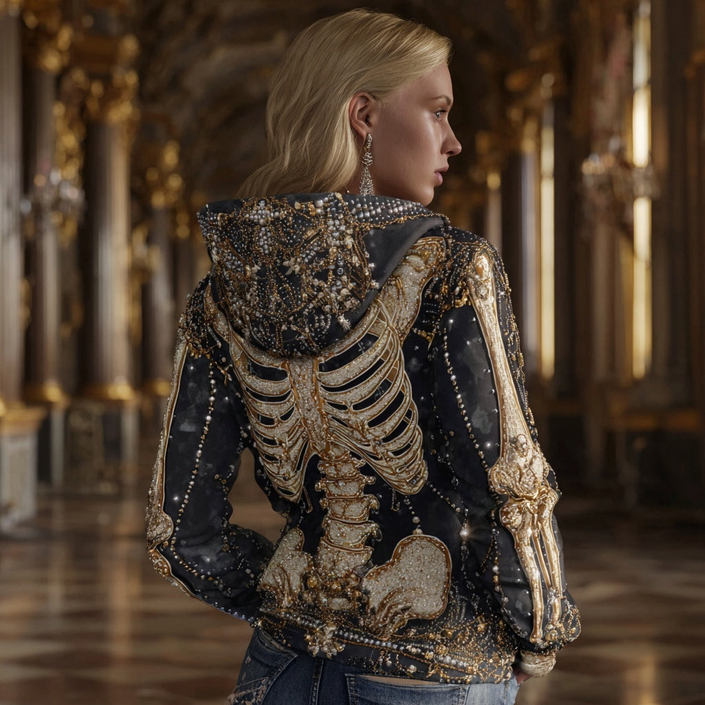 Comstylish Vintage Glitter Skeleton Artl Embroidered Cozy Hoodie