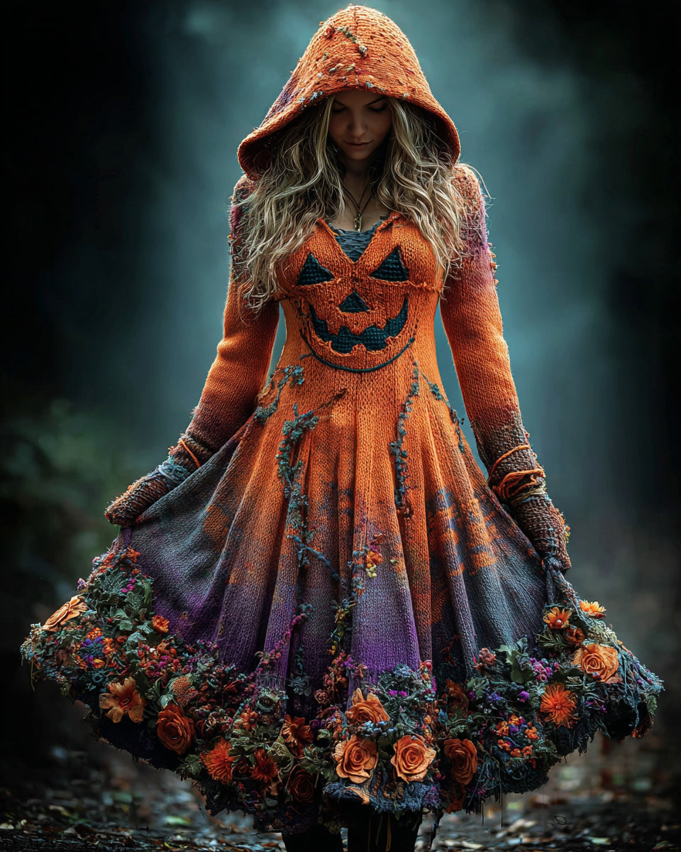 Women's Retro Pumpkin Face Gradient Floral Hooded Sweater Dress artswardrobe