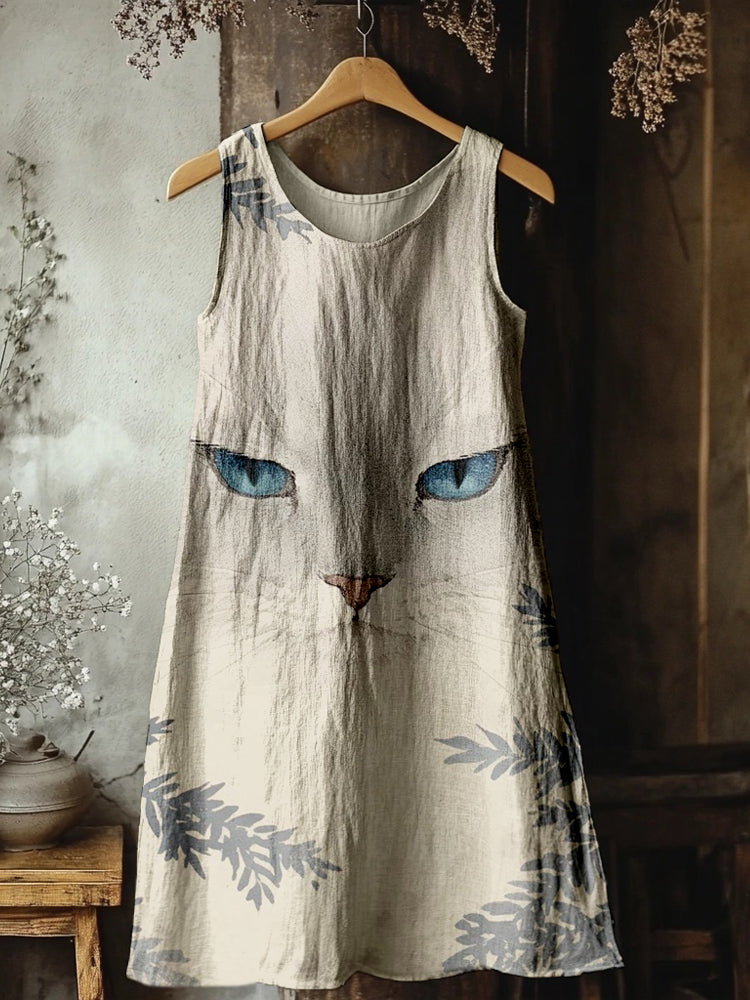 Comstylish Vintage Cute Cat Print Linen Tank Dress