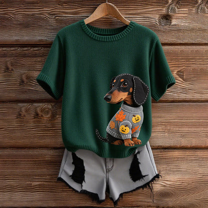 Comstylish Classic Autumn Dachshund With Felt In Autumn Inspired Embroidered Short Sleeve Cozy Knit Sweater