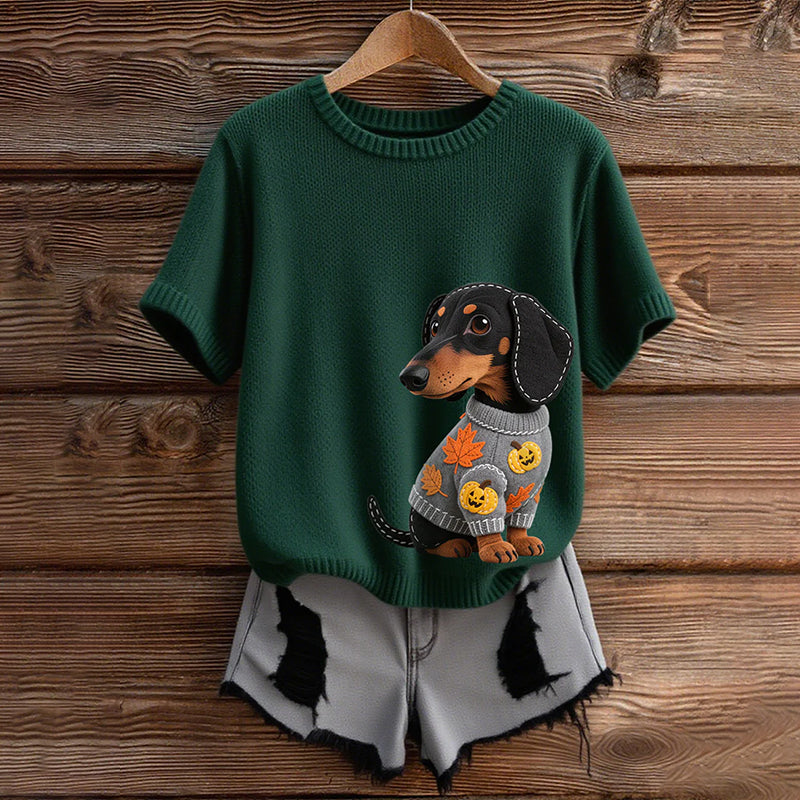 Classic Autumn Dachshund With Felt In Autumn Inspired Embroidered Short Sleeve Cozy Knit Sweater elevenforest