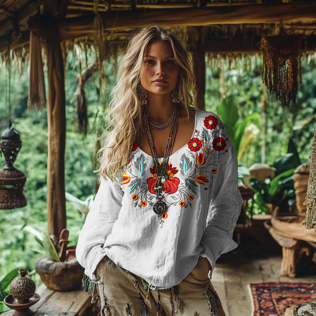 Comstylish Vintage Bohemian Floral Embroidered Linen Shirt