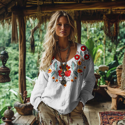 Vintage Bohemian Floral Embroidered Linen Shirt artswardrobe