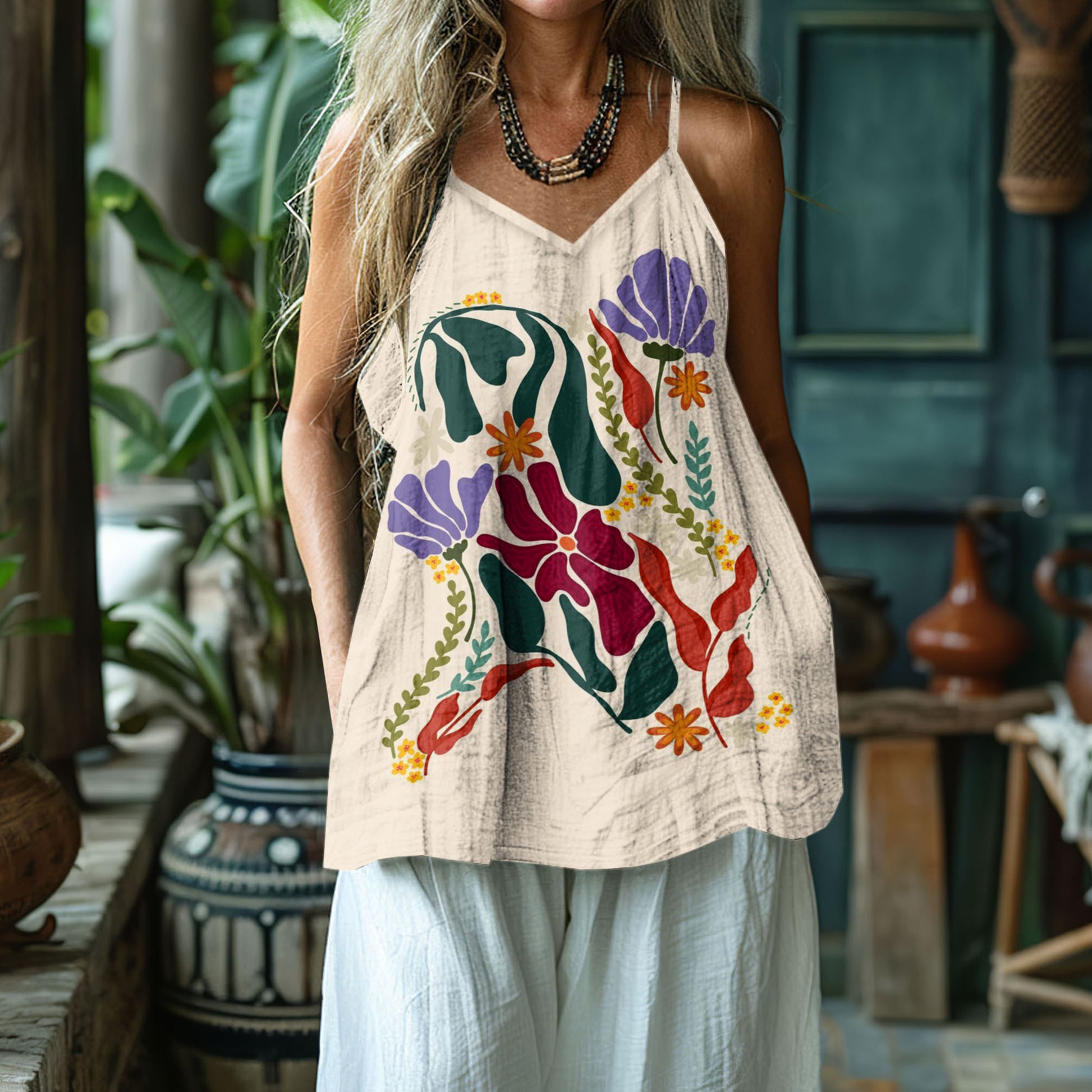 Women's Floral Dog Art Print Cotton And Linen Vest artswardrobe
