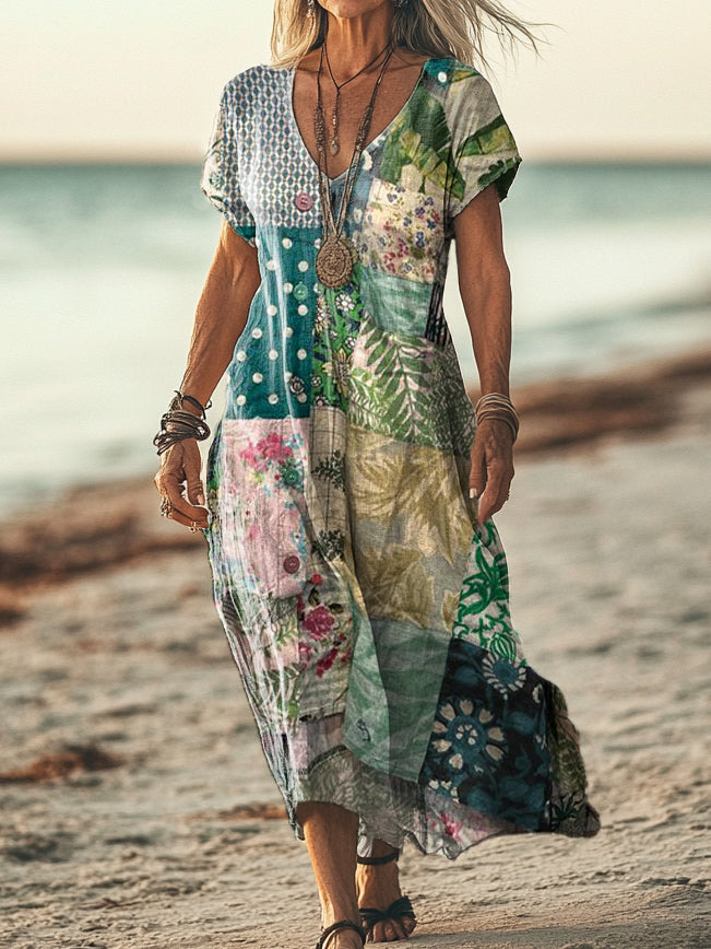 Women's Vintage Floral Art Print Pocket Cotton Dress