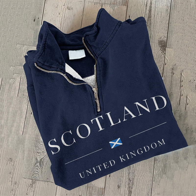 Comstylish Vintage Scotland Travel Print Zipper V Neck Casual Sweatshirt