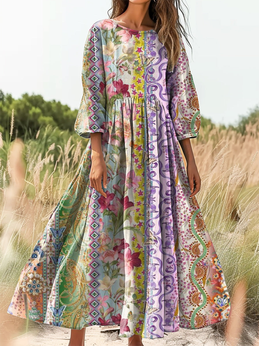 Women's Vintage Floral Art Print Flowy Cotton Crew Neck Dress