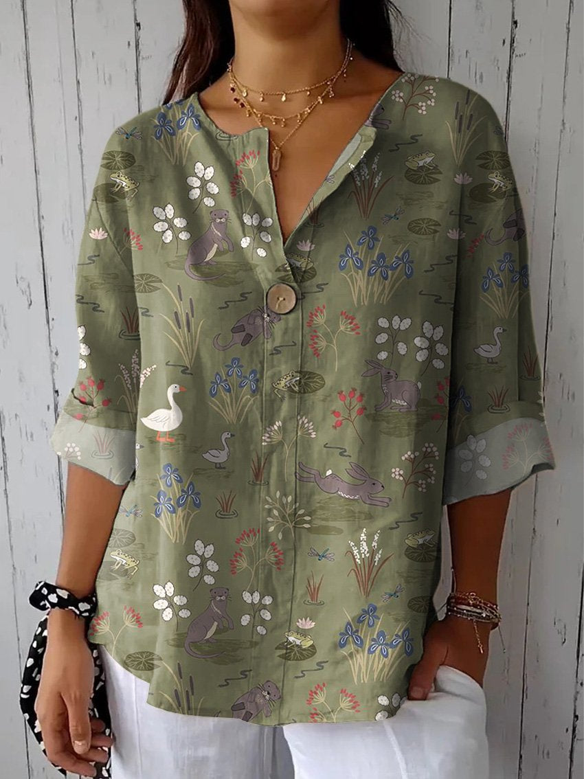 Spring Pond And Animal Pattern Printed Women's Casual Cotton Linen Shirt