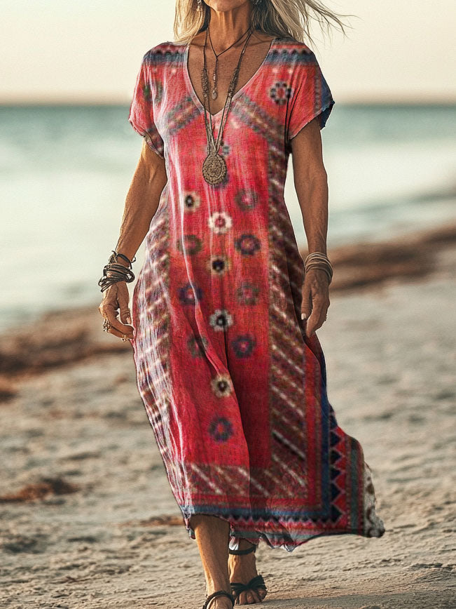 Women's Vintage Ethnic Style Tattoo Pattern Art Print Short Sleeve Poc