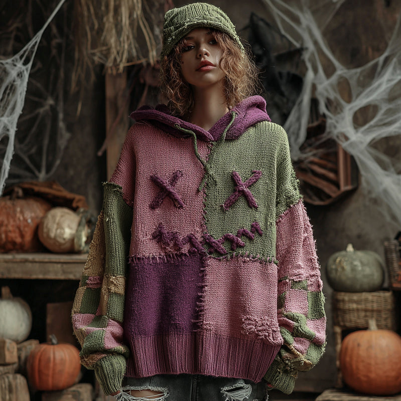 Halloween Faces Colorblock Patchwork Knitted Hooded Sweater elevenforest