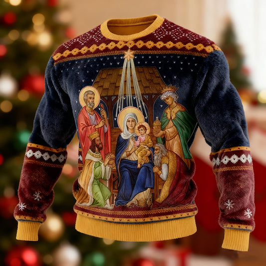 Comstylish Men's Vintage Christmas Nativity Pattern Casual Flannel Sweatshirt