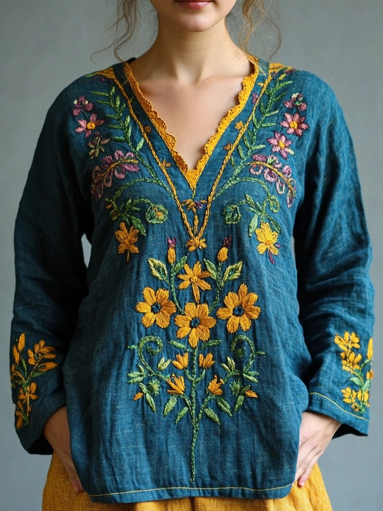 Vintage Floral Embroidered V Neck Linen Blend Tunic artswardrobe