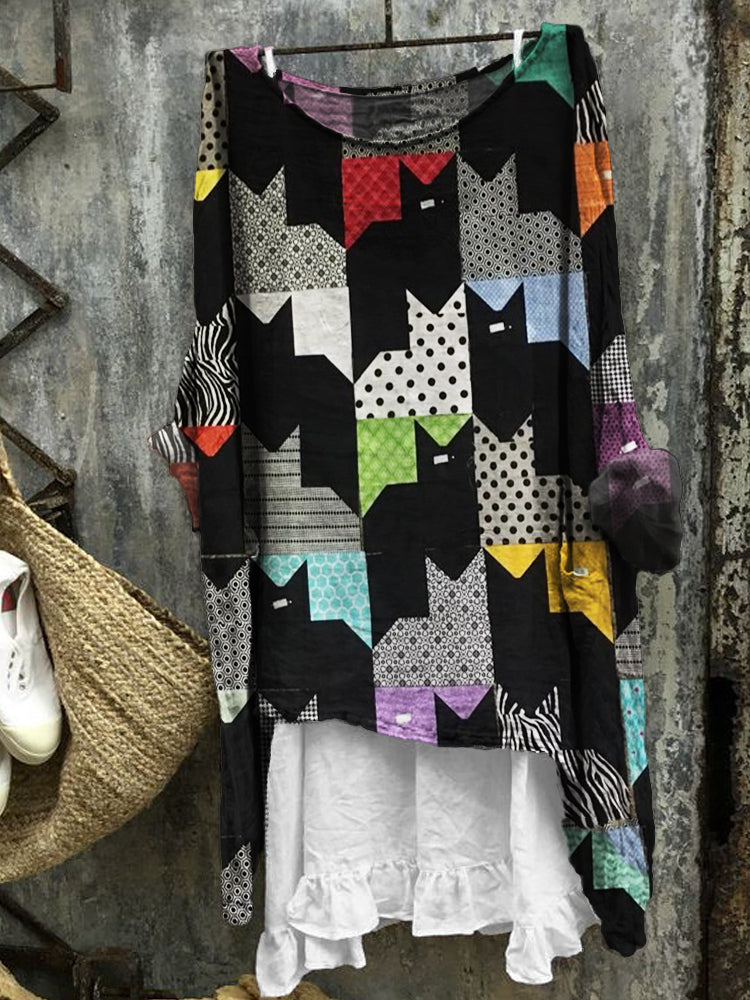 Colorful Cats Patchwork Fiber Art Linen Blend Tunic elevenforest