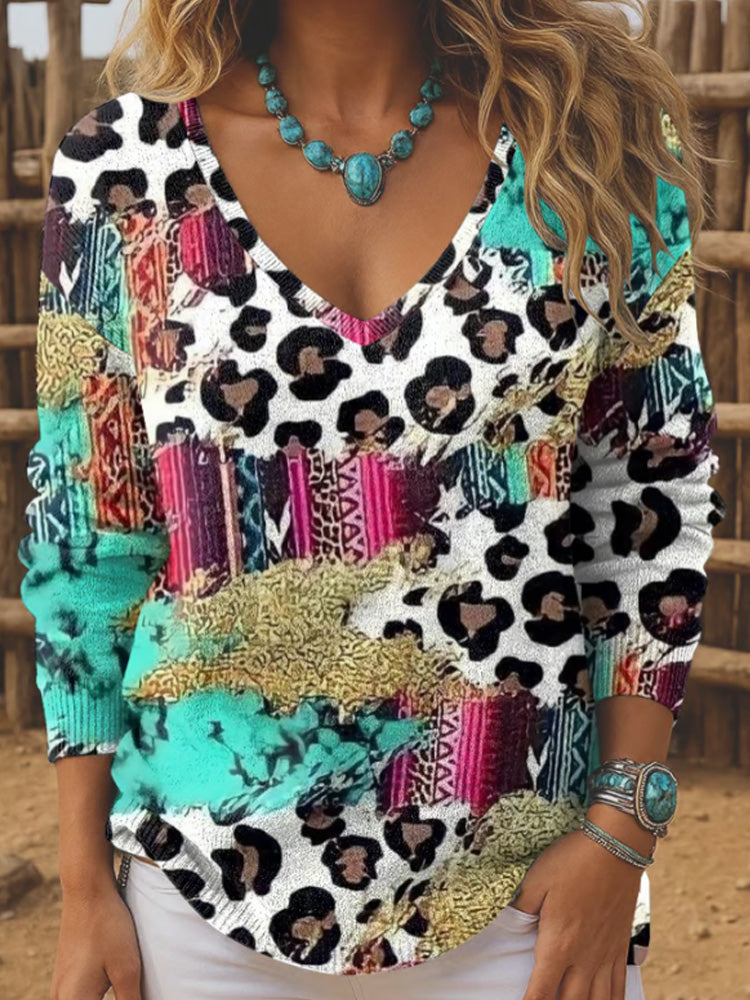 Women's Western Retro Pattern Print Long Sleeve Top elevenforest