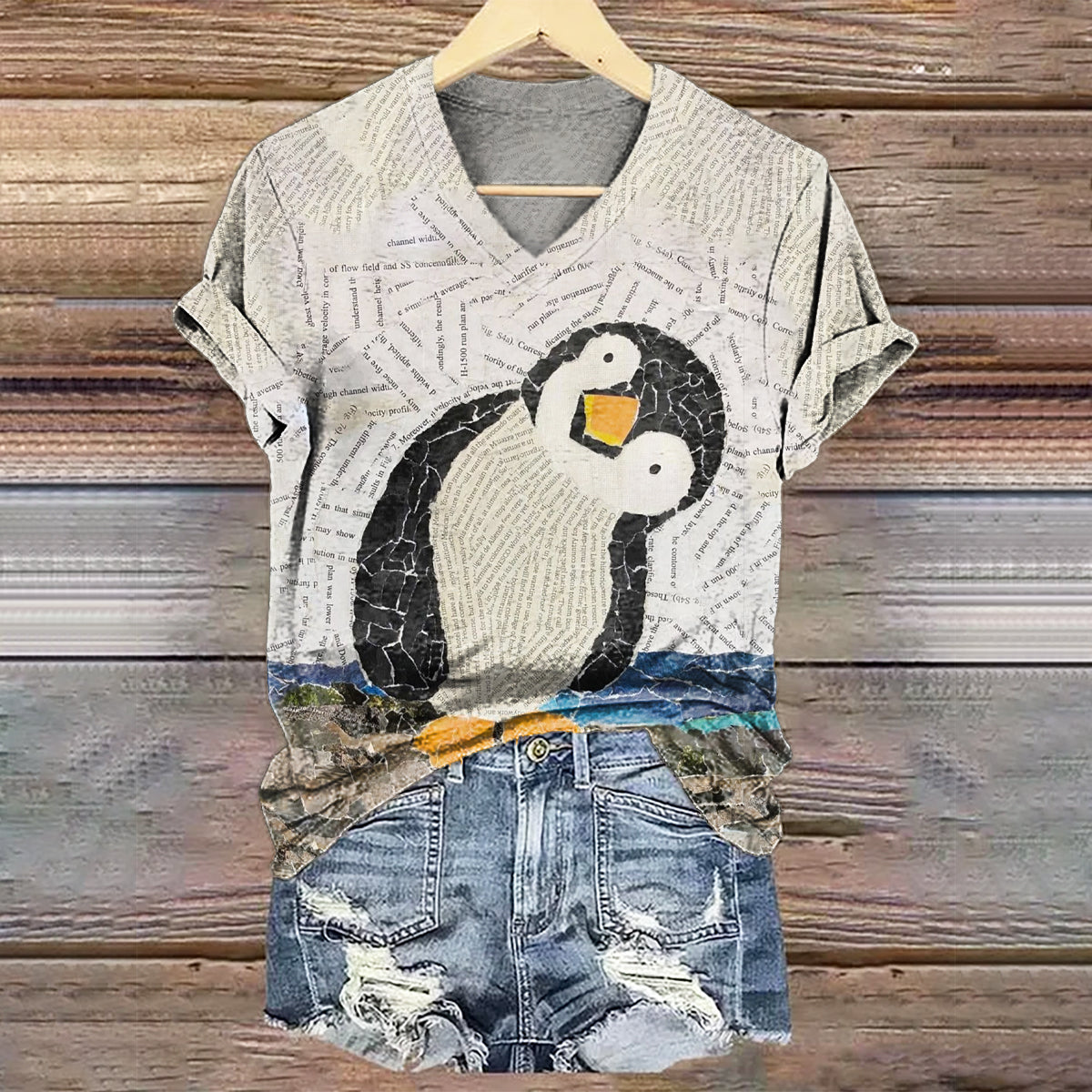 Women's Protected Animal Penguin Art Print V-Neck Casual T-Shirt