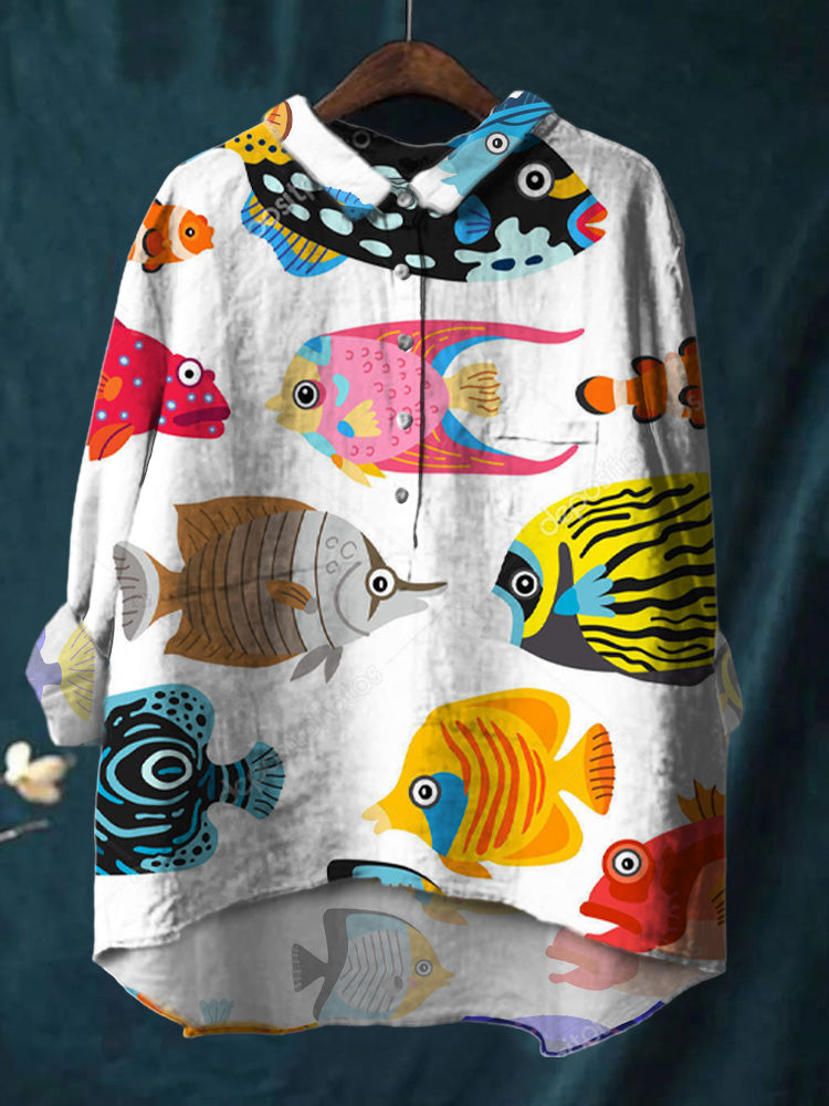 Colored Fish Print Cotton And Linen Shirt