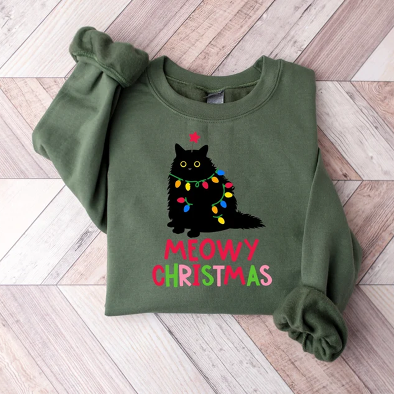 Comstylish Meowy Christmas Cute Cat Embroidered Art Print Crew Neck Casual Sweatshirt