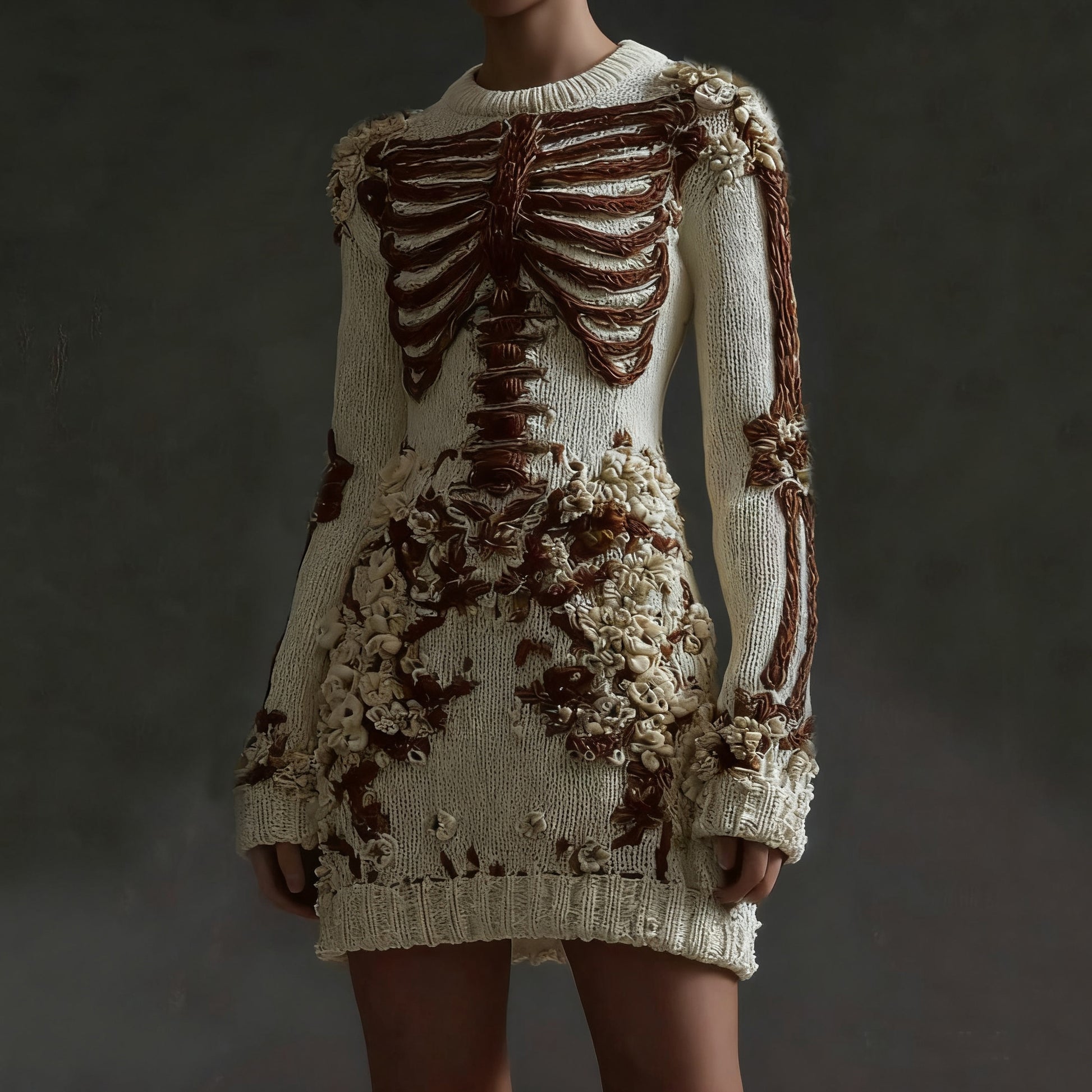 Women's Halloween Skeleton Flower Art Gothic Knitt Mini Sweater Dress artswardrobe