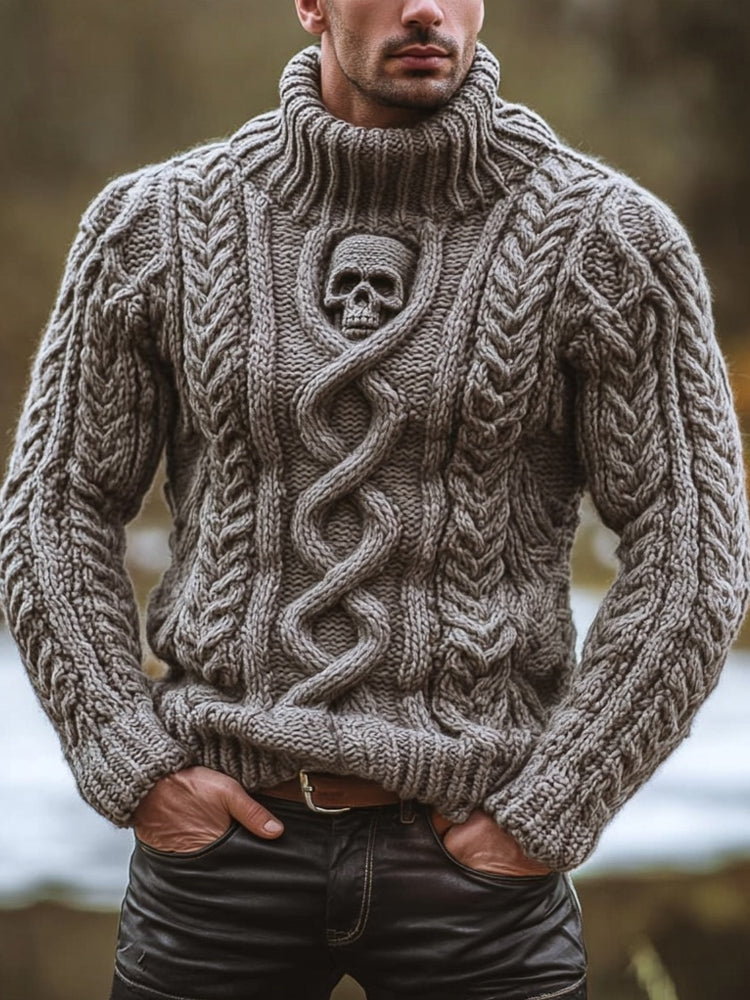 Men's Vintage Skull Celtic Chunky Knit Turtleneck Sweater artswardrobe