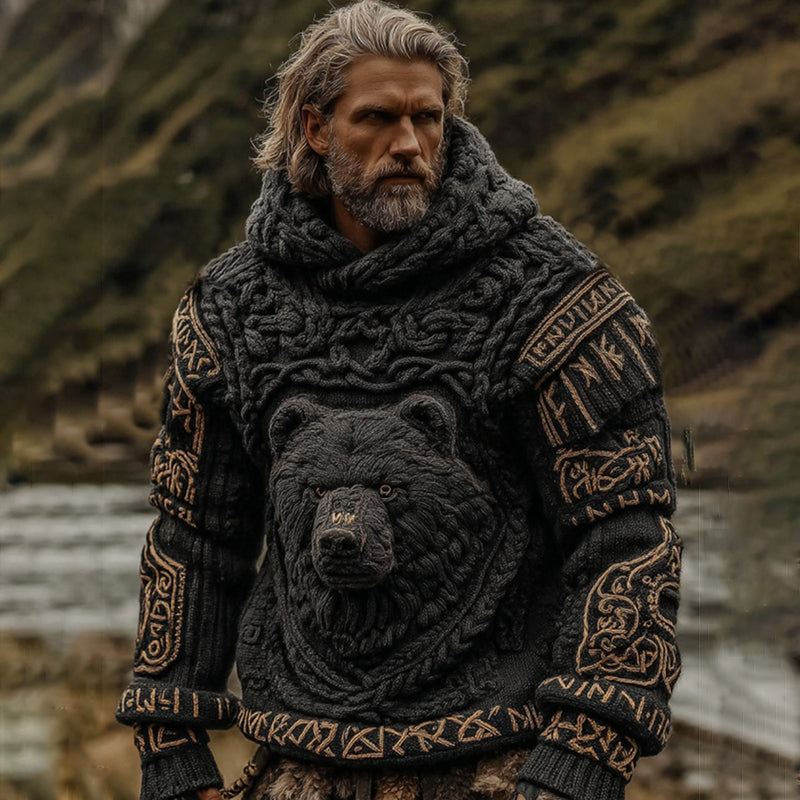 Men's Viking Brown Bear Jacquard Knitted Hooded Sweater artswardrobe