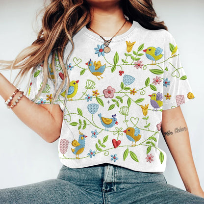 Floral Spring Birds Embroidery Pattern Casual Short Sleeve T-Shirt artswardrobe