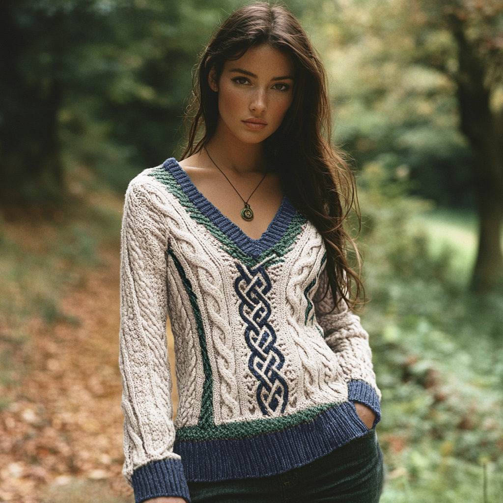 Vintage V-neck Knitted Two-tone Jacquard Irish Aran Sweater artswardrobe