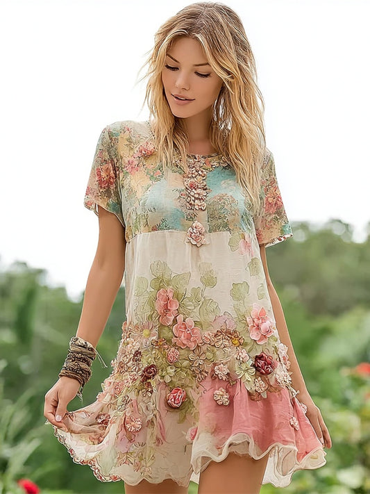 Vintage Boho Floral Women's Round Neck Short Sleeve Mini Dress artswardrobe