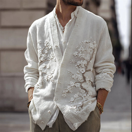 Men's Japanese Almond Blossom Comfy Knit Cardigan artswardrobe