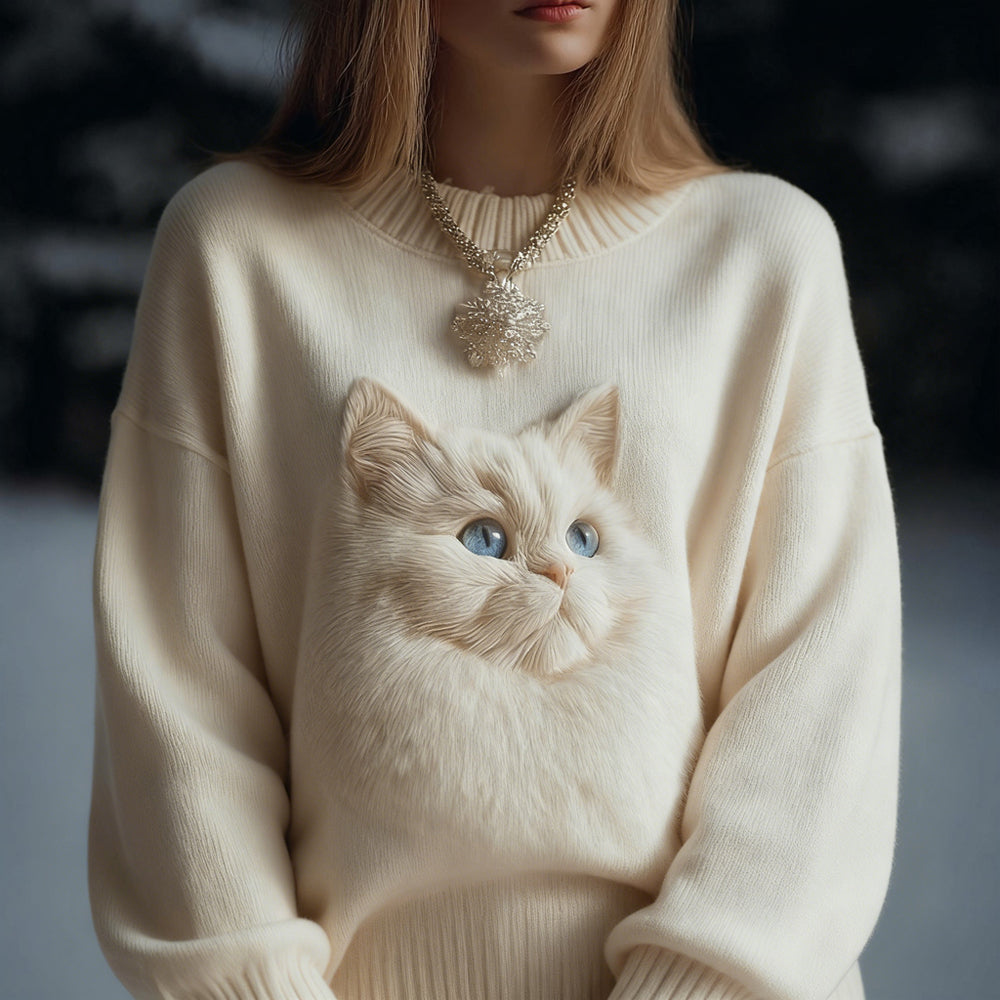 Lovely Fuzzy Cat Embroidered Round Neck Cozy Knit Sweater elevenforest