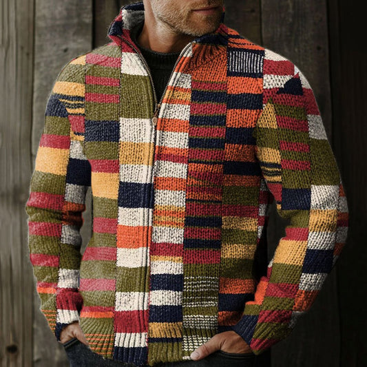 Vintage Multicolor Stitching Art Print Knit Stand Collar Zip Up Sweater elevenforest