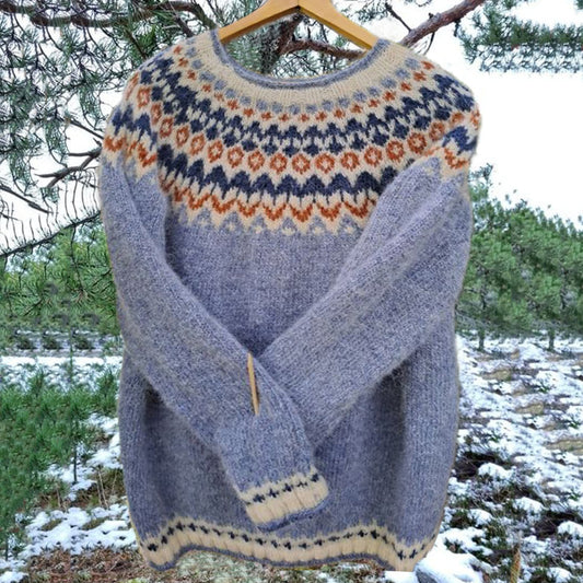 Vintage Icelandic Light Blue Knit Jacquard Warmth Crew Neck Sweater（Unisex） elevenforest