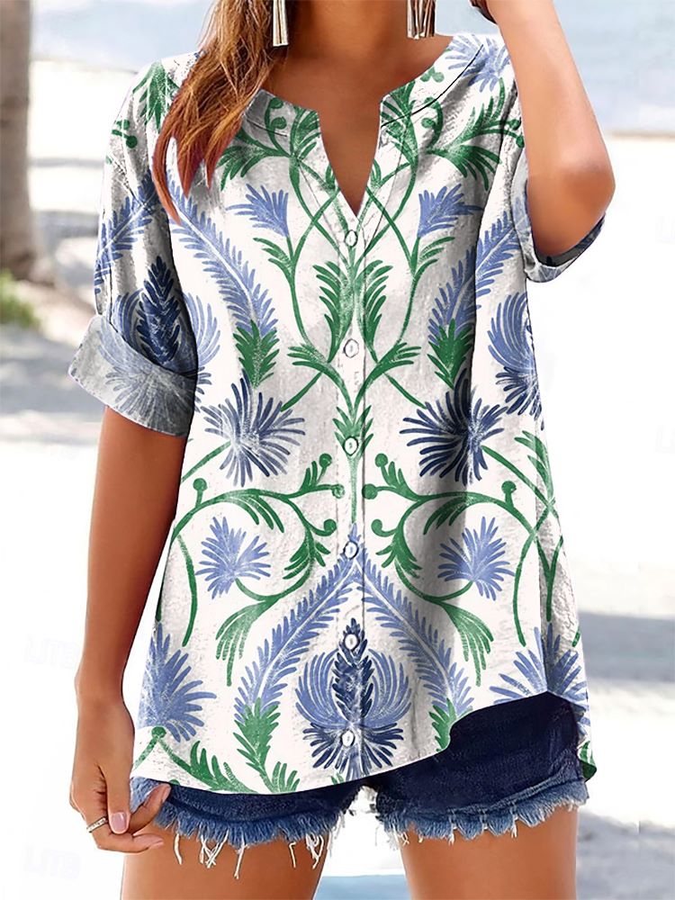 Women's Floral Pattern Art Print Cotton Linen Casual Shirt