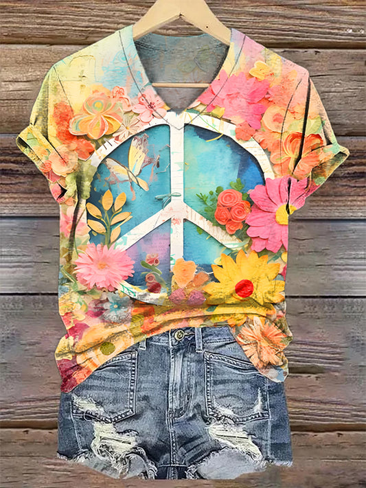 Women's Colorful Flower & Peace Sign Print V-neck Casual T-Shirt