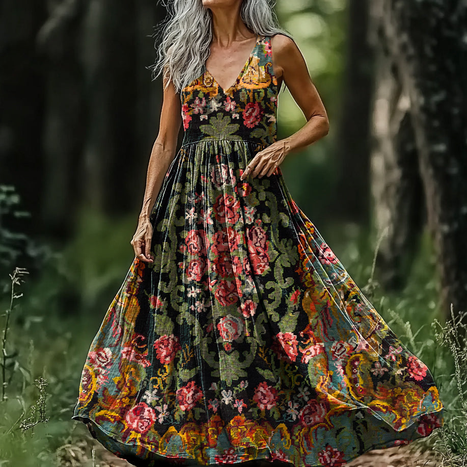 Women's Ethnic Totem Floral Art Pattern Print V-neck Sleeveless Cotton