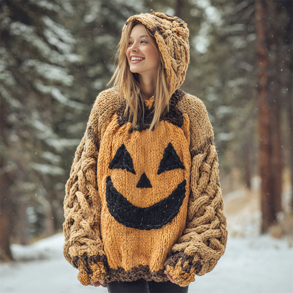 Halloween Pumpkin Lights Women's Chunky Knit Hooded Sweater artswardrobe